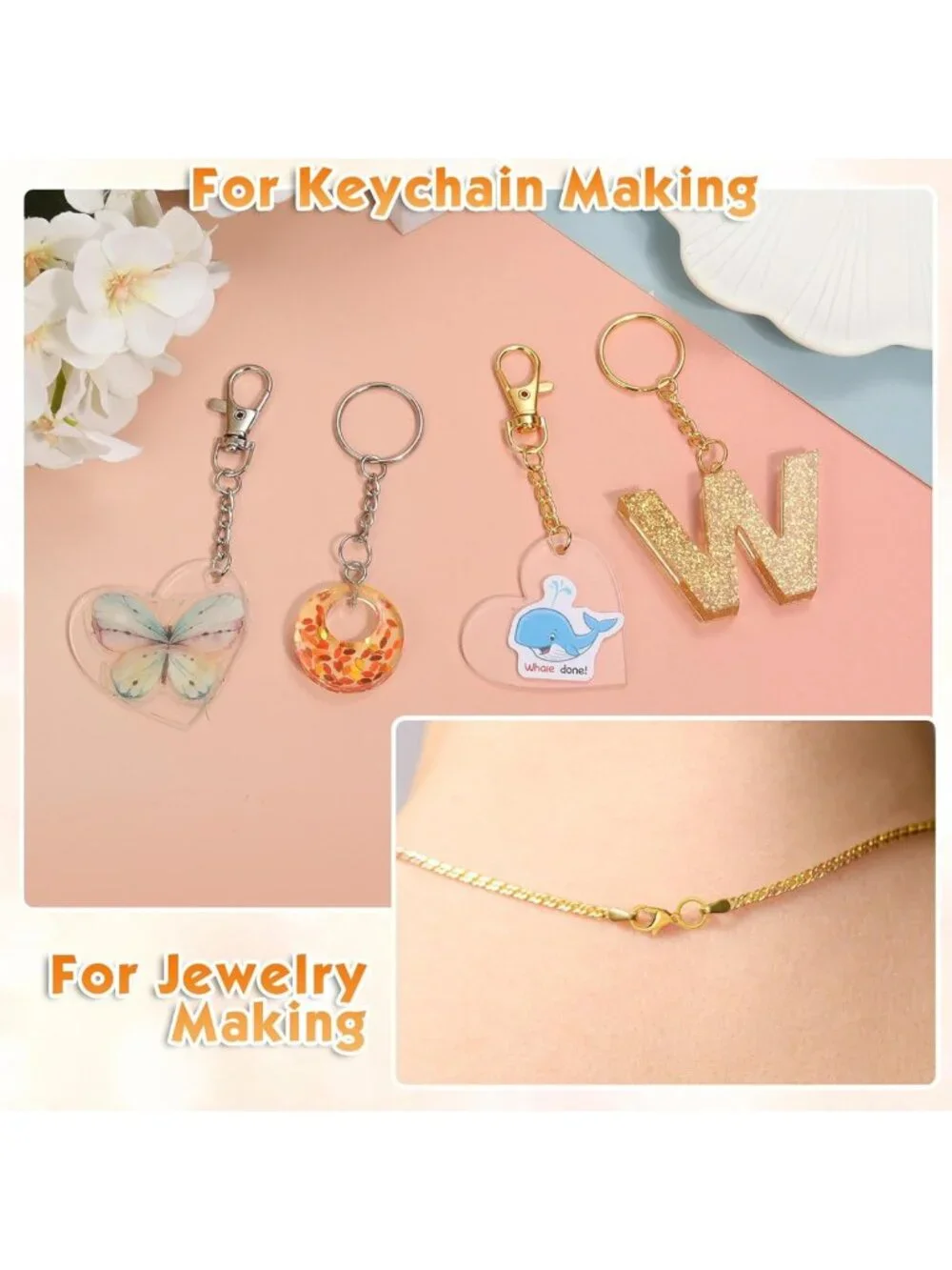 Keychain Making Kit - Craft Supplies with Hooks, Clasps, Rings for DIY Jewelry